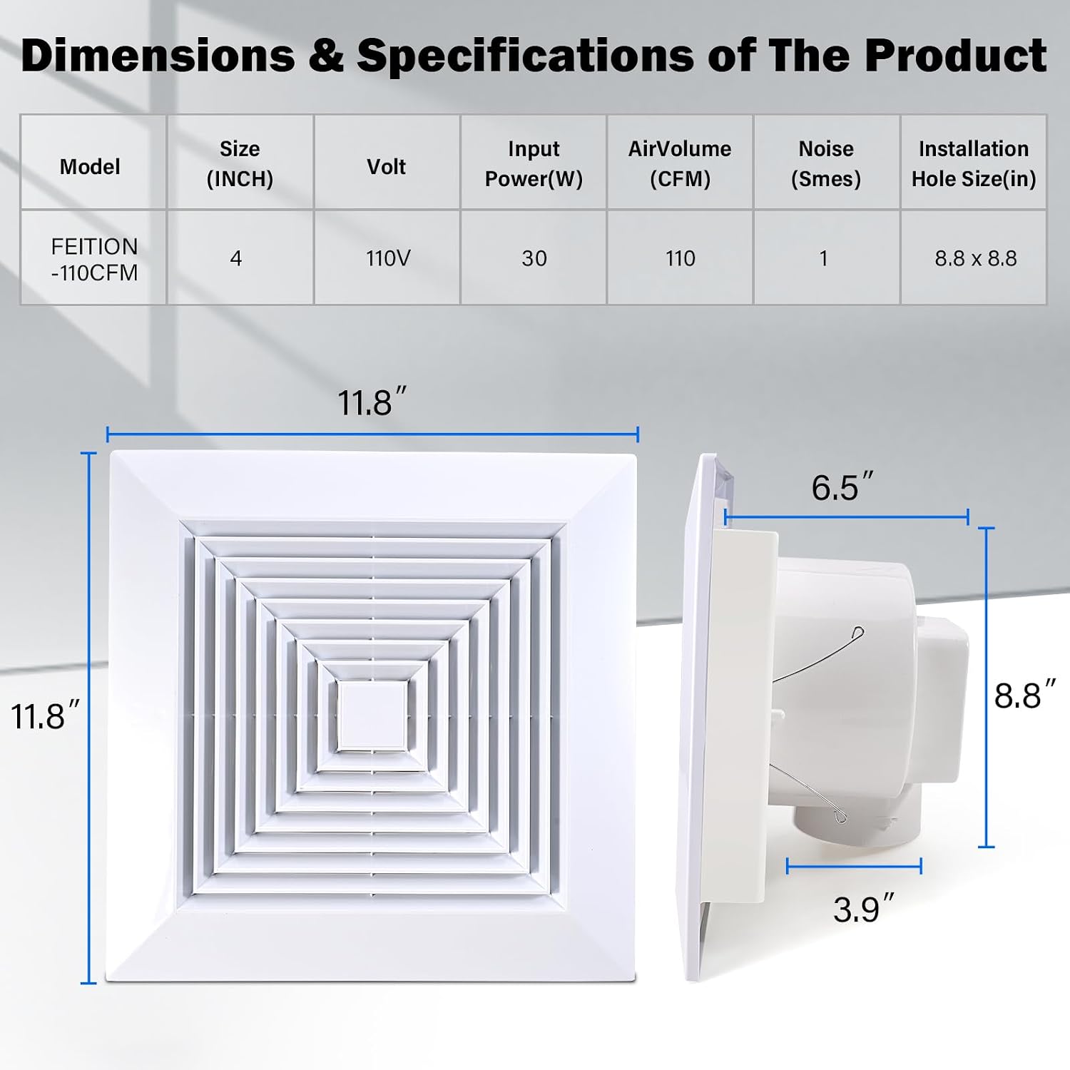 FEITON 110 CFM Bathroom Exhaust Fan, 1.0 Sone, 4-Inch Duct, Ceiling Mount